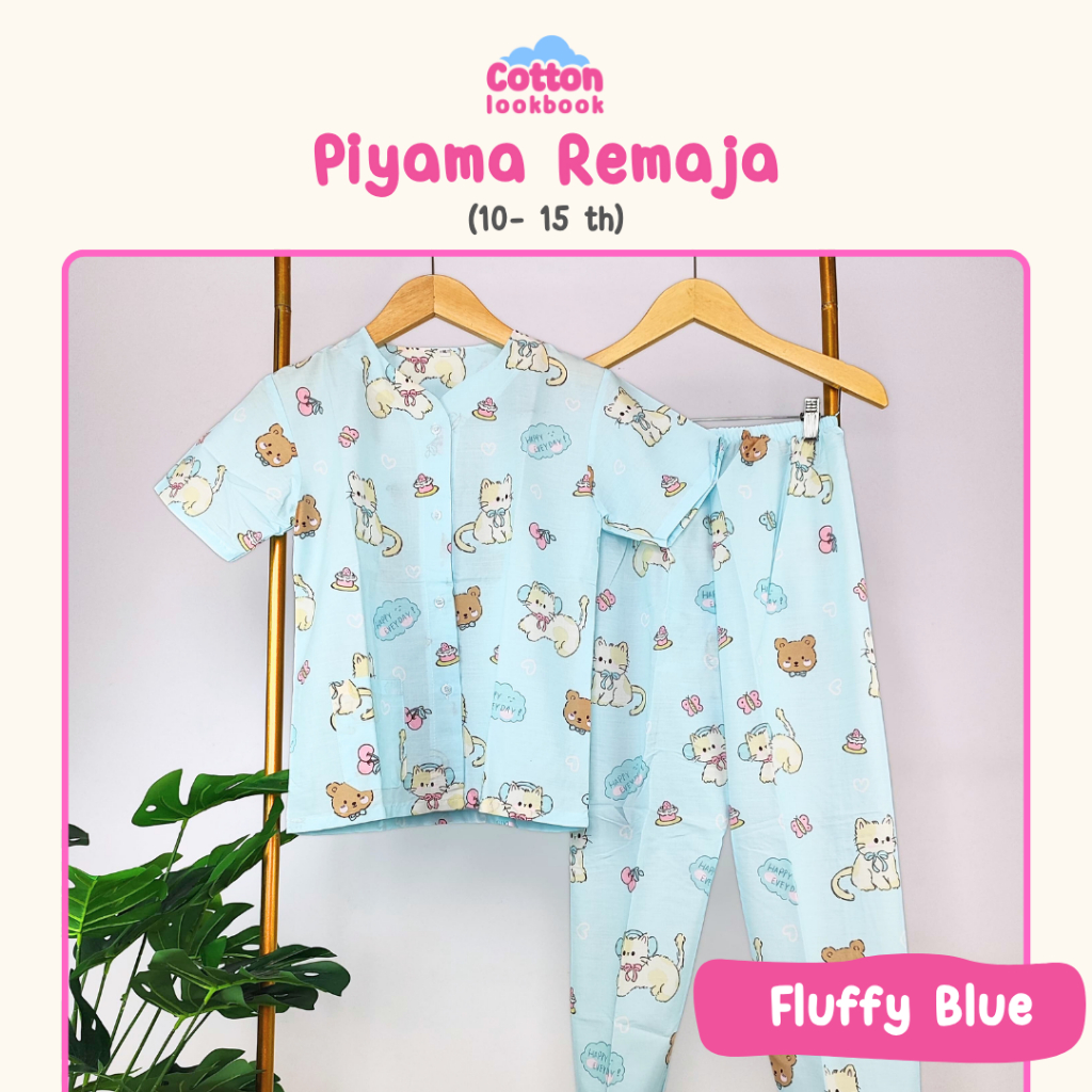 COTTON LOOKBOOK - PIYAMA REMAJA PEREMPUAN MOTIF FLUFFY BLUE 10-15 TAHUN / SMP SIZE XL 10 11 12 13 14