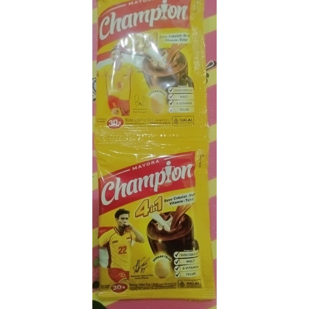 

Champion 4in1 susu cokelat- malt -vitamin- telur 30gr (10sachet)