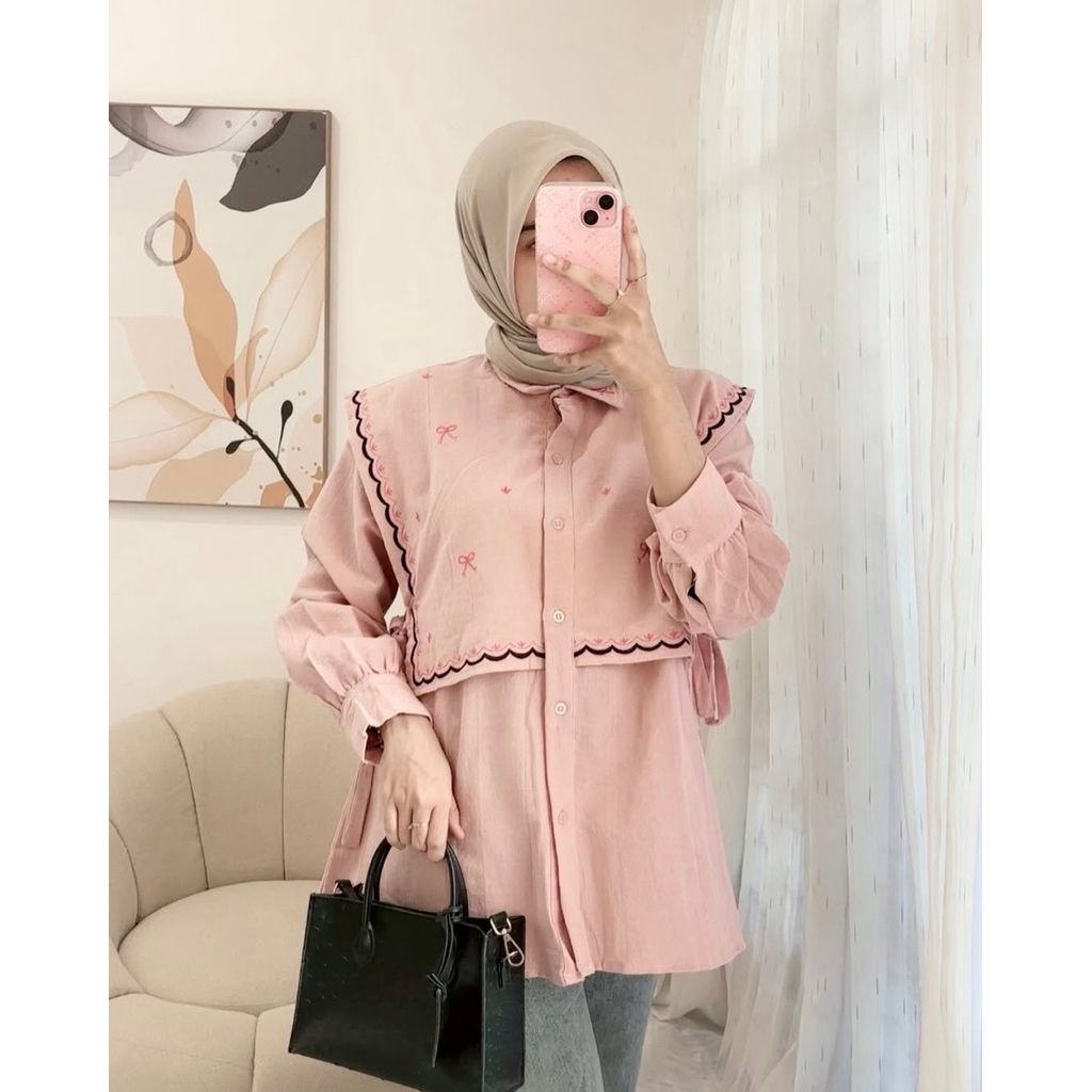 Lunara Id ~ Coquette Blouse Atasan Wanita Korean Style Simpel Elegant Motif Bordir Pita Lucu ada Tal