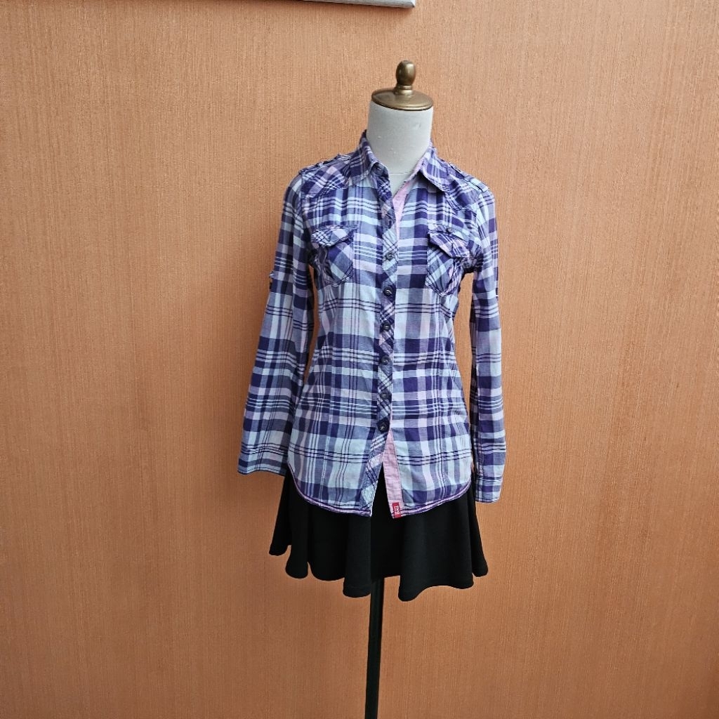 atasan kemeja wanita putih motif kotak ungu NEVADA cewek S lengan panjang M kerja kuliah remaja