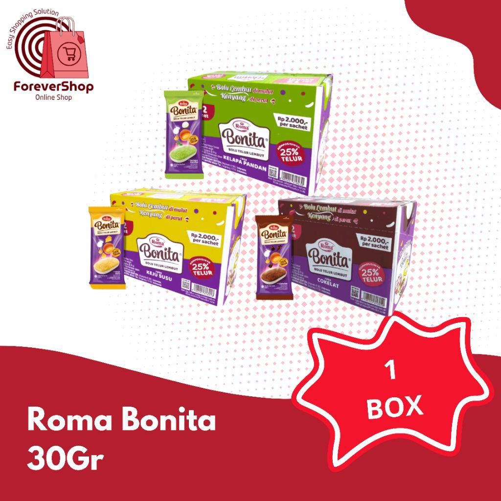 

1 Box Roma Bonita Bolu Telur Coklat - Keju Susu - Pandan Isi 12 Bungkus