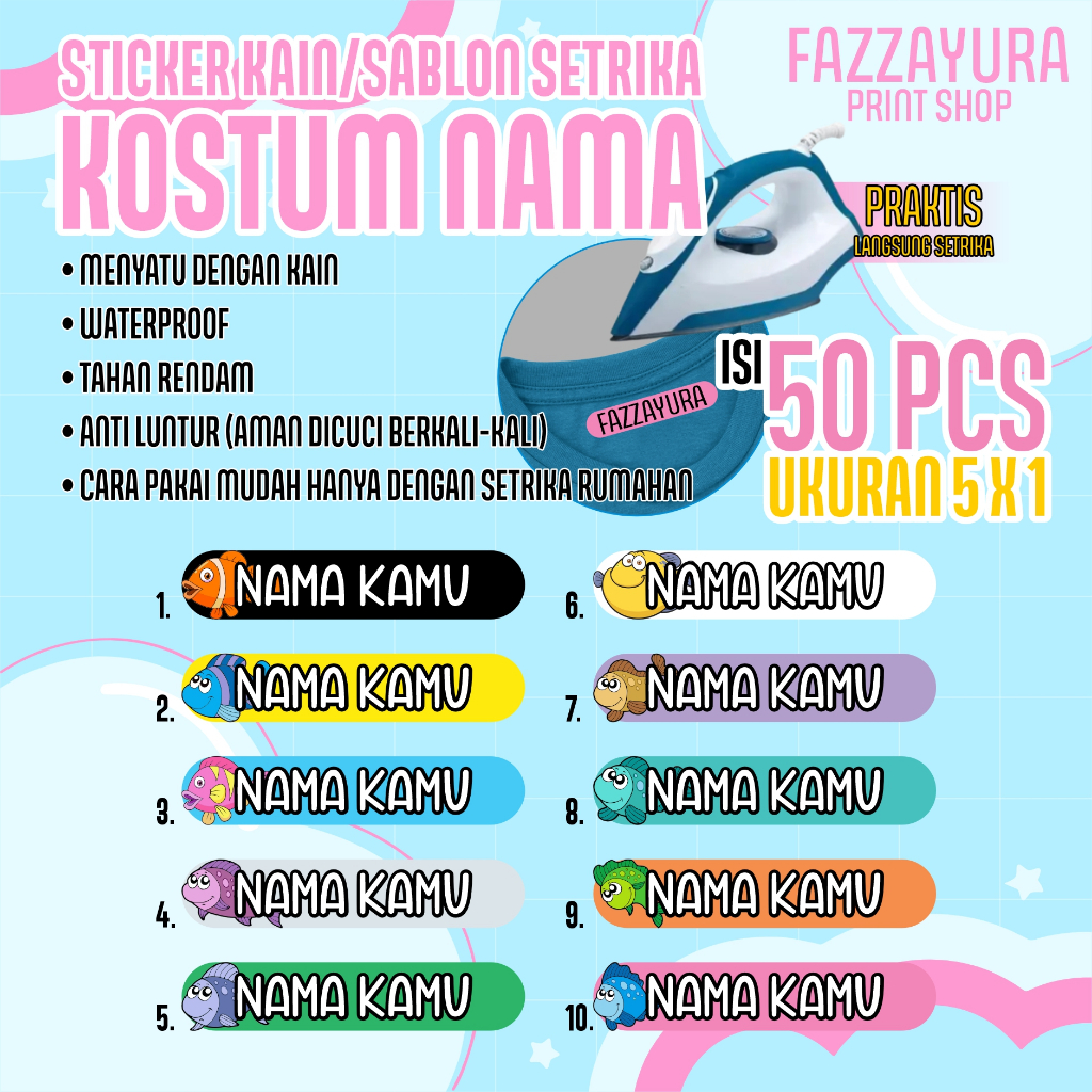 

TERMURAH ISI 50 PCS | STICKER KAIN/SABLON SETRIKA/SABLON KOSTUM NAMA | TEMA IKAN