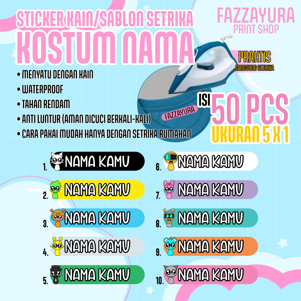 

TERMURAH ISI 50 PCS | STICKER KAIN/SABLON SETRIKA/SABLON KOSTUM NAMA | TEMA PRUNKI