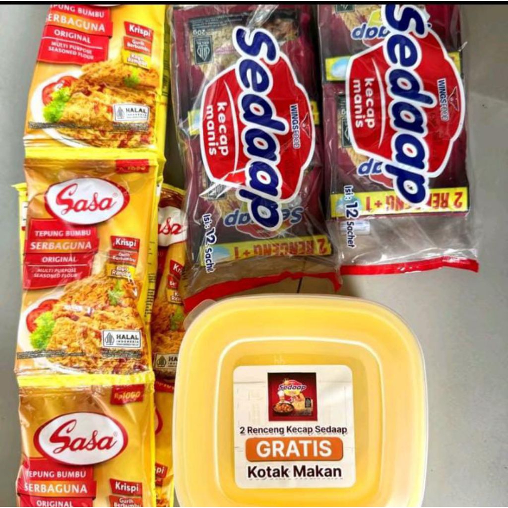

PAKET PROMO 10 PCS TEPUNG SASA + 24 PCS KECAP SEDAAP BONUS KOTAK MAKAN