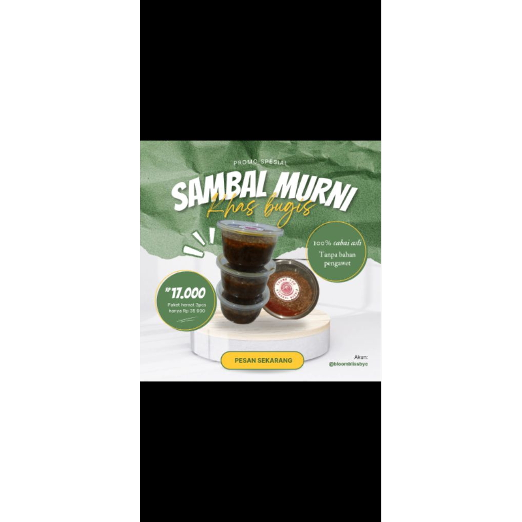 

Sambal Murni 100% dari cabai asli, dijamin rasanya mantul, bisa diolah menjadi berbagai macam makanan