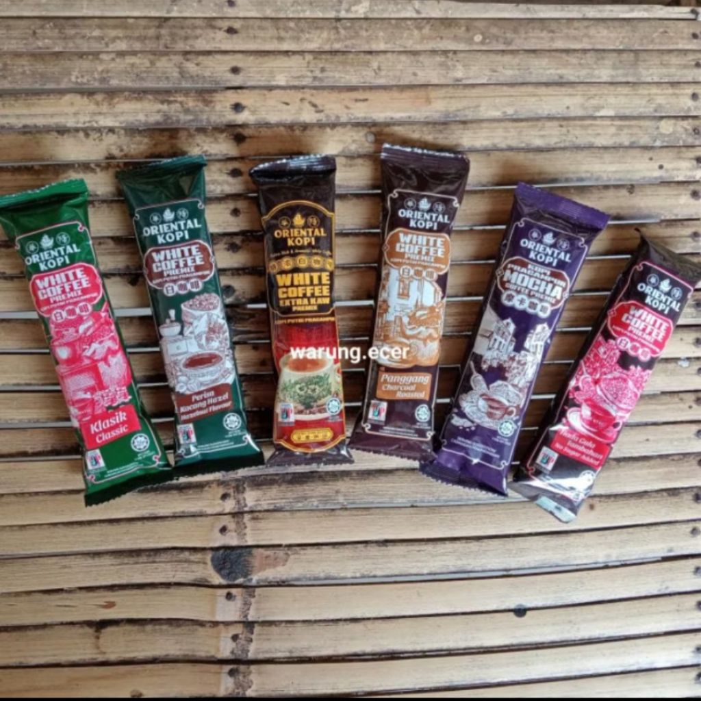 

ECERAN - ORIENTAL WHITE COFFEE KOPI CLASSIC KLASIK / HAZELNUT / MOCHA / ROASTED PANGGANG / NO SUGAR TANPA GULA / EXTRA KAW / TEH TARIK / ROYAL CHOCOLATE COKLAT / CHAM (1 SACHET)