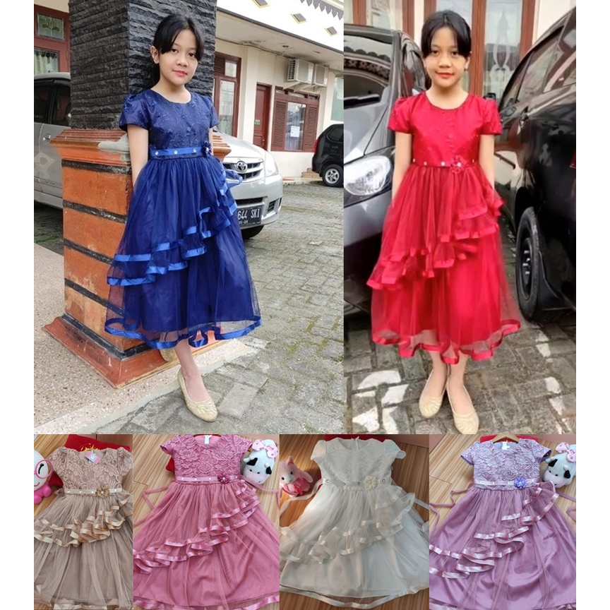 BAJU DRESS PESTA ANAK PEREMPUAN CEWEK LENGAN PENDEK KEKINIAN FASHION 3-12 TAHUN GAUN BAJU TERUSAN PE