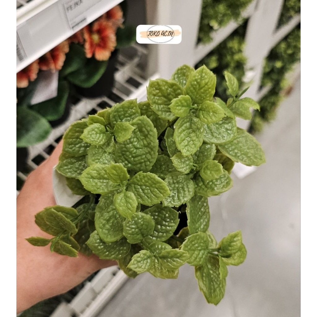 Fejka tanaman tiruan dalam/luar ruang daun mint 9cm, tanaman palsu, tanaman serbaguna, tanaman artif