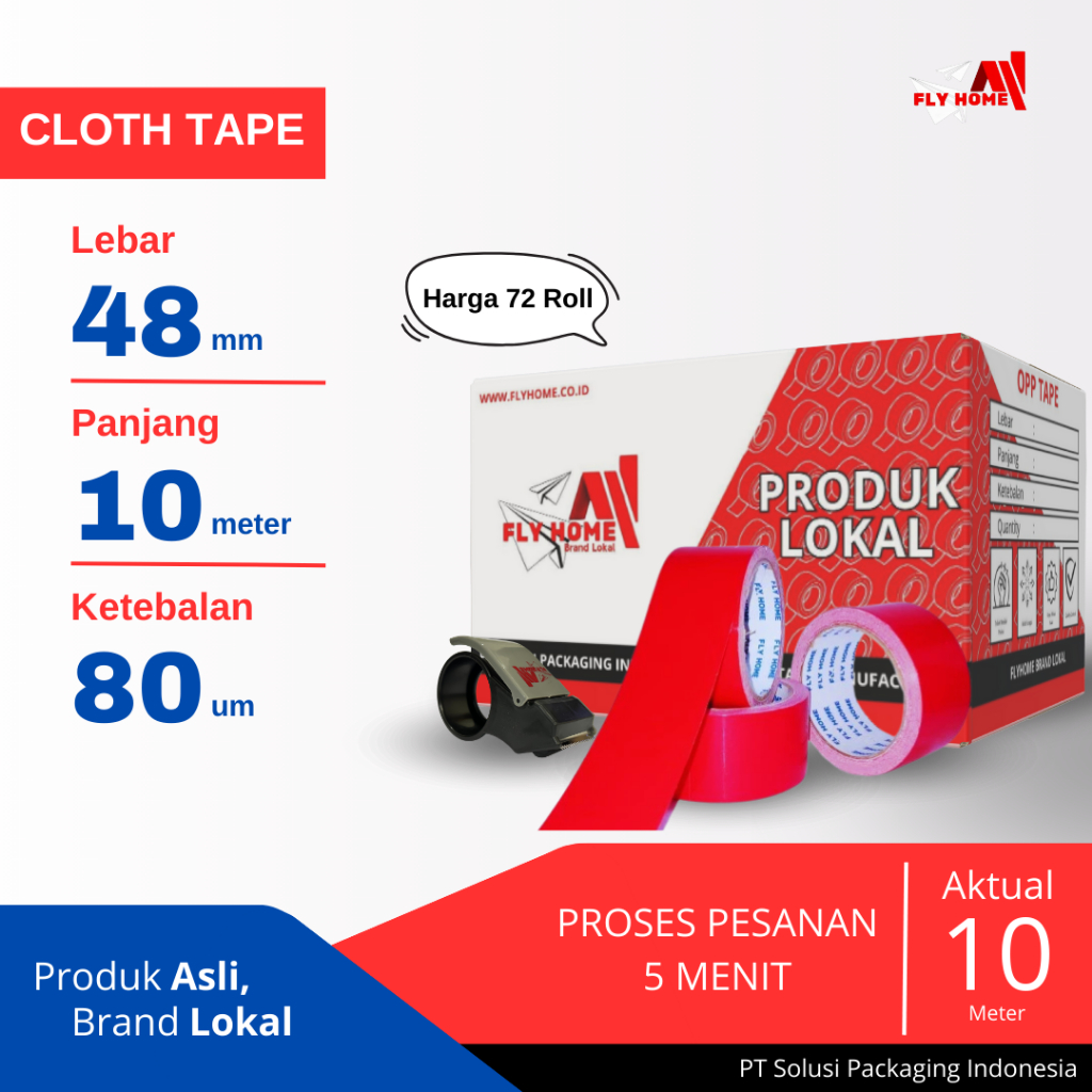 

FLYHOME Lakban jilid/kain merah 10meter 1 dus 48mm x 10m 72 roll cloth tape ukuran Full Cargo