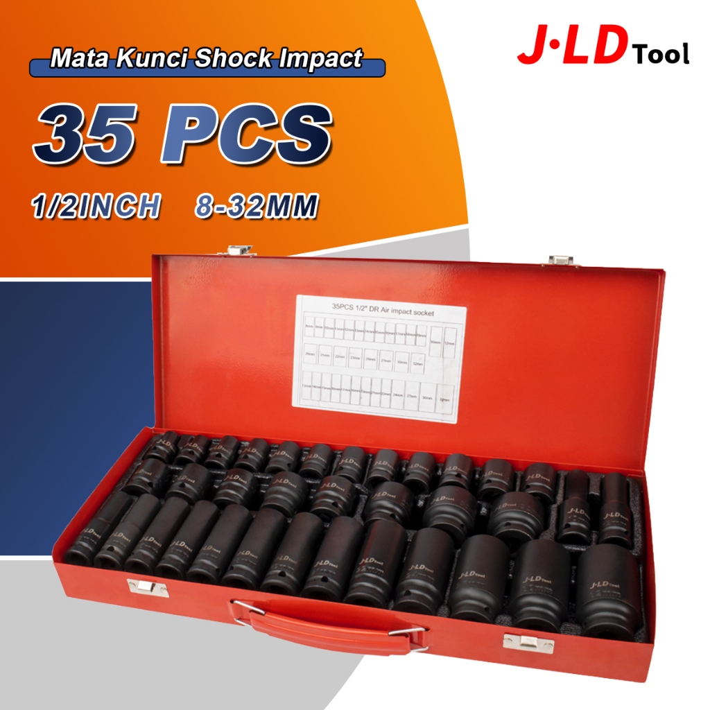 JLD 35PCS Mata Kunci shock Impact 1/2'' 8-32mm Impact Socket - 6pt kunci sok set CR-V koper besi kun