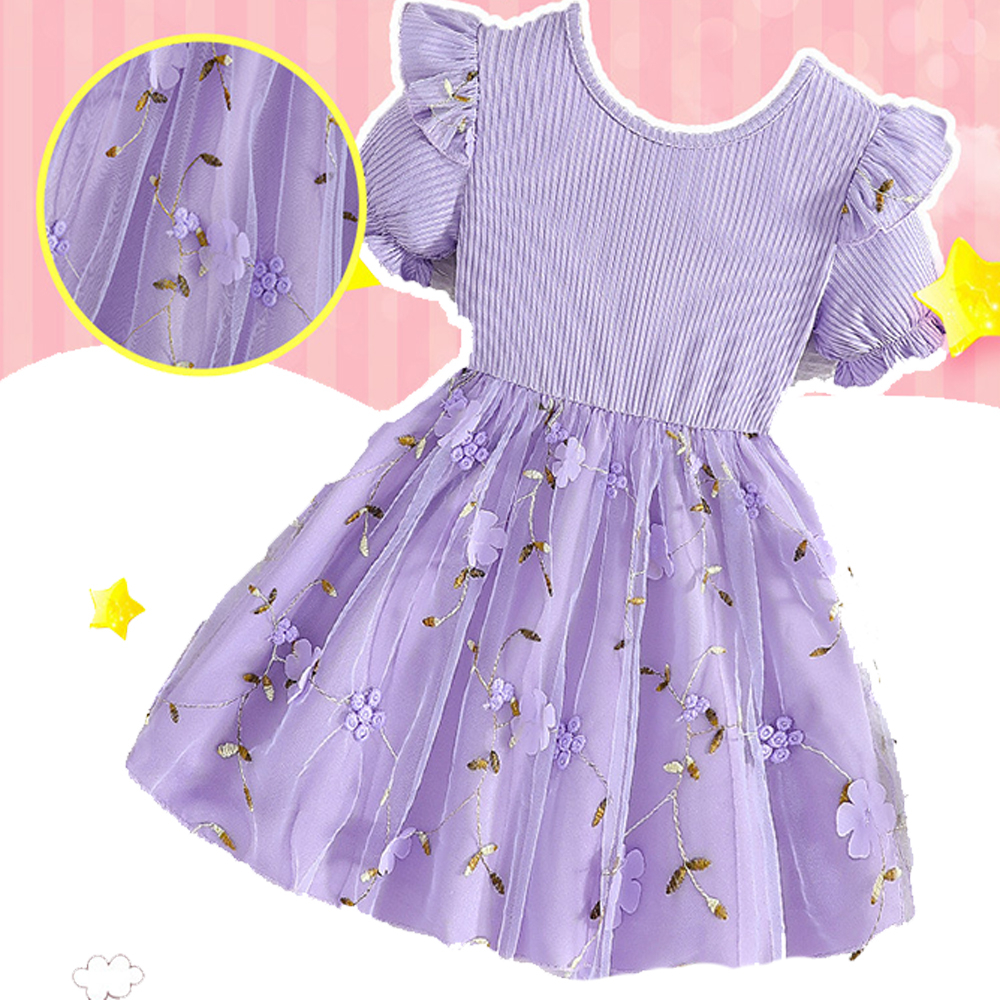 2-7Tahun Floral Gaun Anak Perempuan gaya hutan putri bayi gaya Gaun lengan pendek ungu