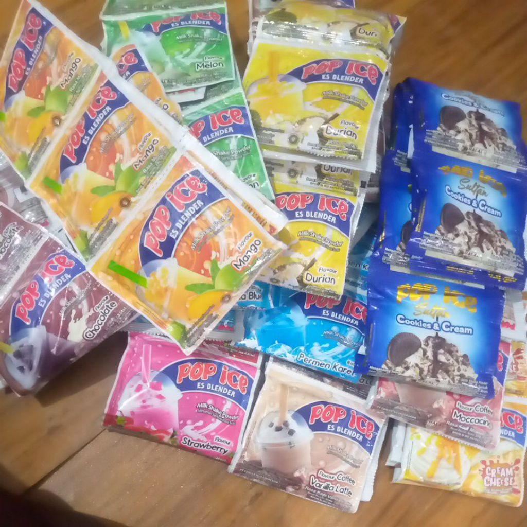 

pop ice es blender minuman serbuk segar enak nikmat 1 renceng / ½ setengah renceng berbagai rasa menyegarkan