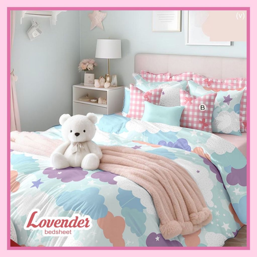 Sprei/Bedcover katun TAIWAN/CVC HALUS pastel biru pink blue awan cloud ungu lilac purple abstrak min