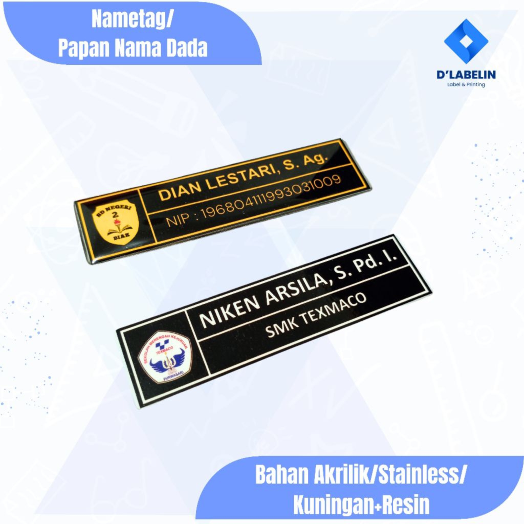 

Nametag/Papan Nama Dada Bahan Akrilik/Stainless/Kuningan/Resin