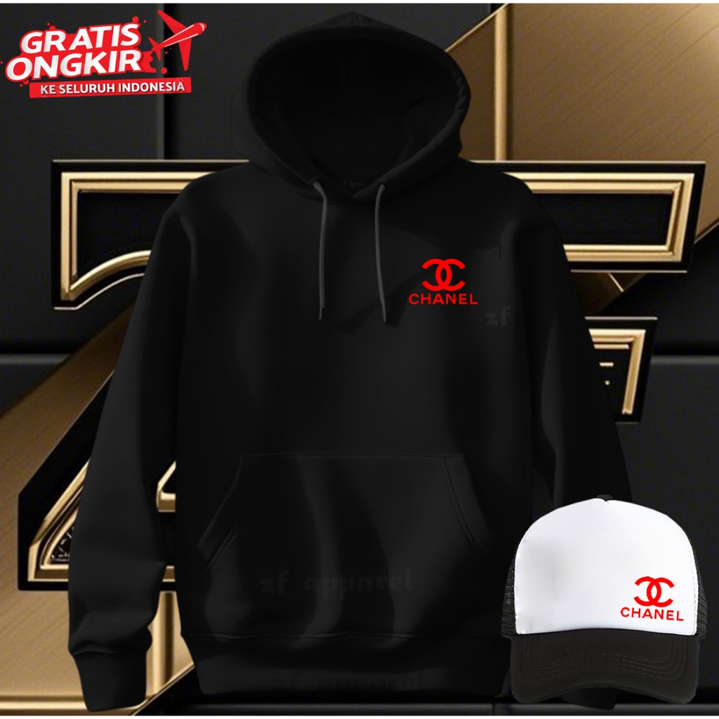 Bonus topi Hoodie Distro Logo Chanel Merah 100% Cattun Fleece Tampil Modis simpel Dan Elegan Lembut 