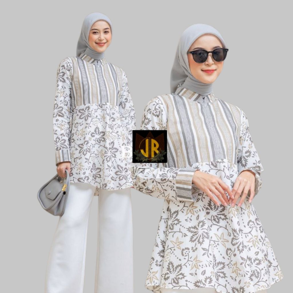 Blouse Muslimah Motif Salur Bunga | Soraya Series | Tunik Wanita Lengan Panjang Kekinian