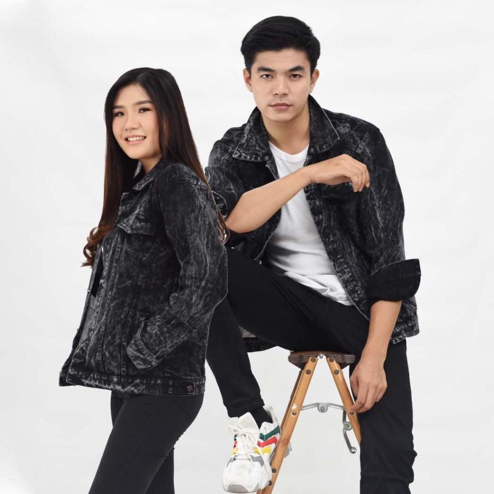 KODE M87B Jaket Jeans Denim Pria Jumbo Big Size Cowok Snow Black Sandwash Hitam Oversize Premium Qua