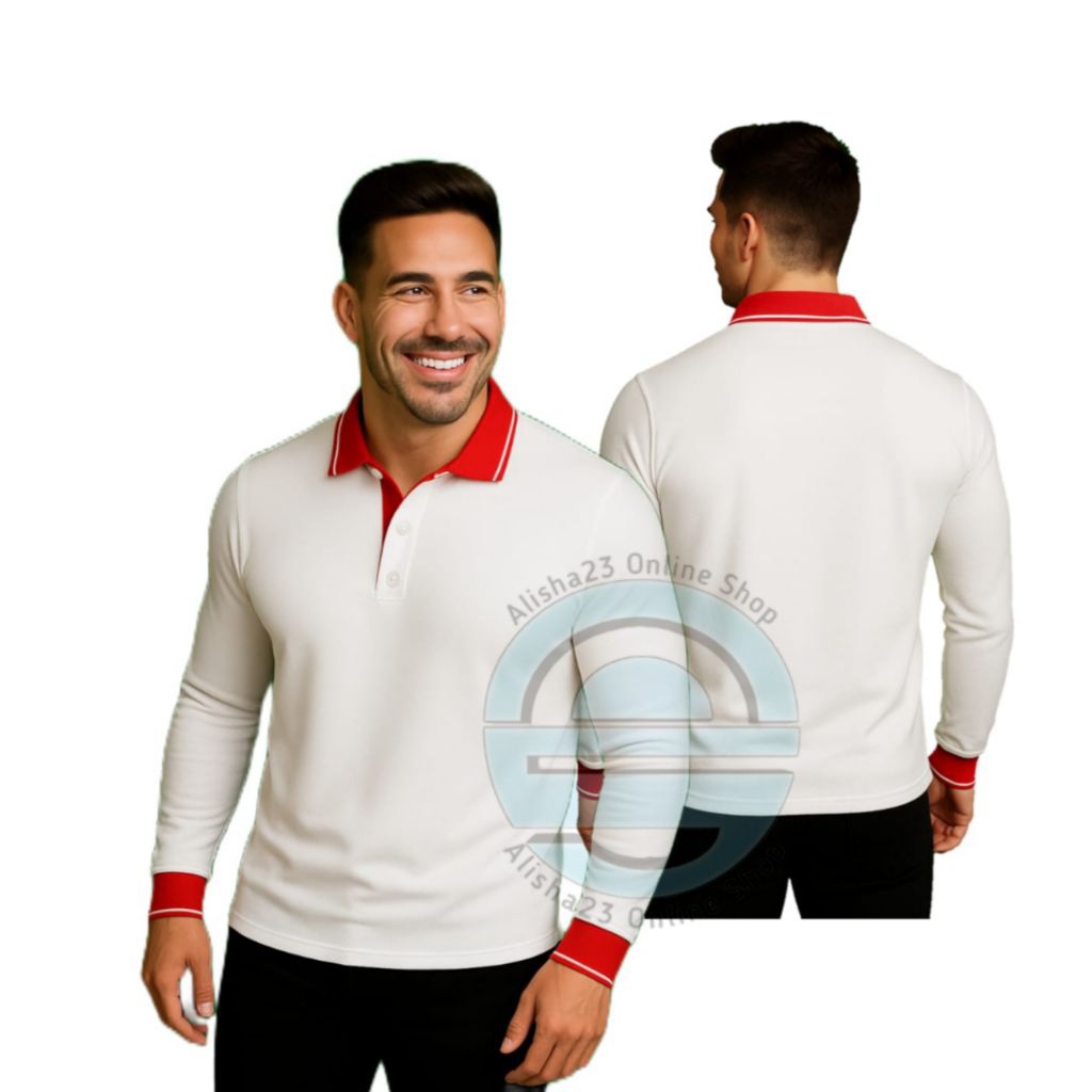 KAOS KERAH LENGAN PANJANG PUTIH MERAH UNISEX BAJU LAKOS POLOS SERAGAM EVENT PRIA WANITA BISA COD
