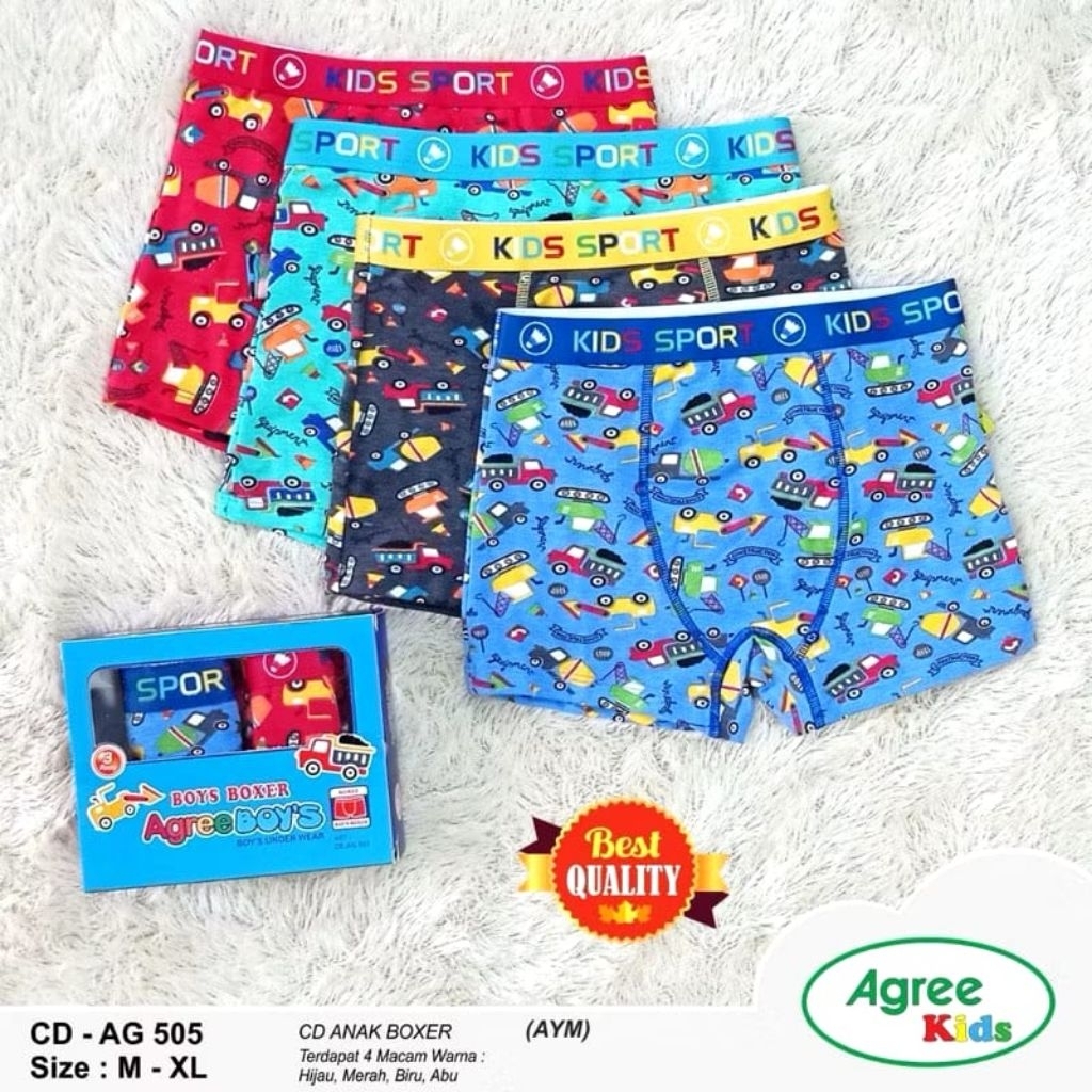 3 pcs CD Anak Laki laki Boxer Agree Kids 505 | Celana Dalam Anak Cowok Segi empat | Katun Lembut Ade