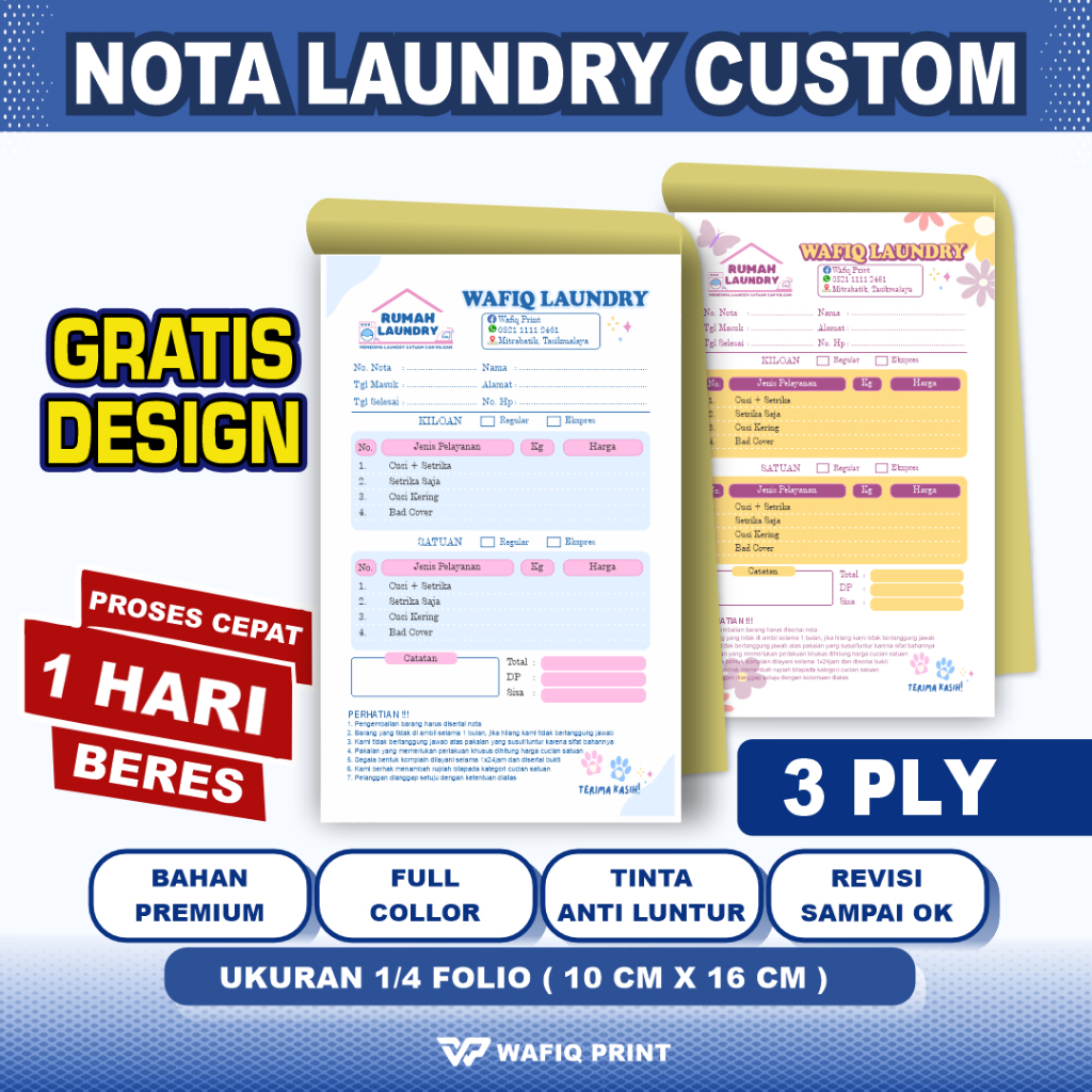 

nota laundry 3 ply custom nama sendiri gratis design ukuran 1/4 folio full warna cetak kwitansi