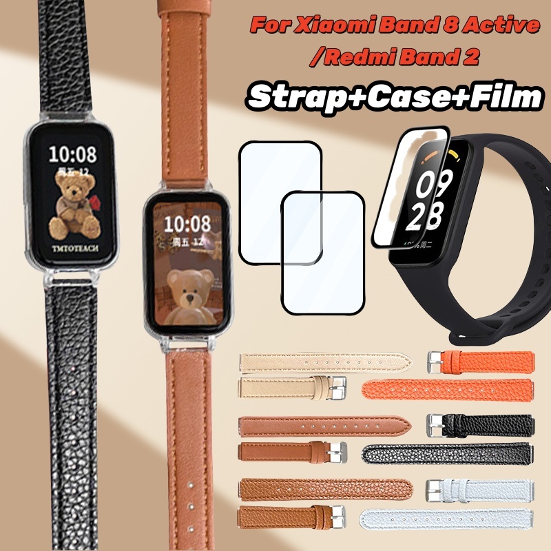 Paket Komplit Xiaomi Band 8 Active/Redmi Band 2 - Casing Armor + Tali Kulit Premium + Tempered Glass
