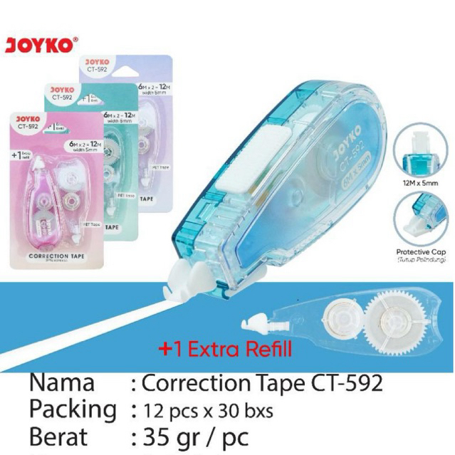 

( 1 pcs ) CT-592 Tipex Kertas Joyko / Correction Tape 12 Meter x 5 mm / Pita Koreksi Joyko CT592 3 warna / Tipe X Pita