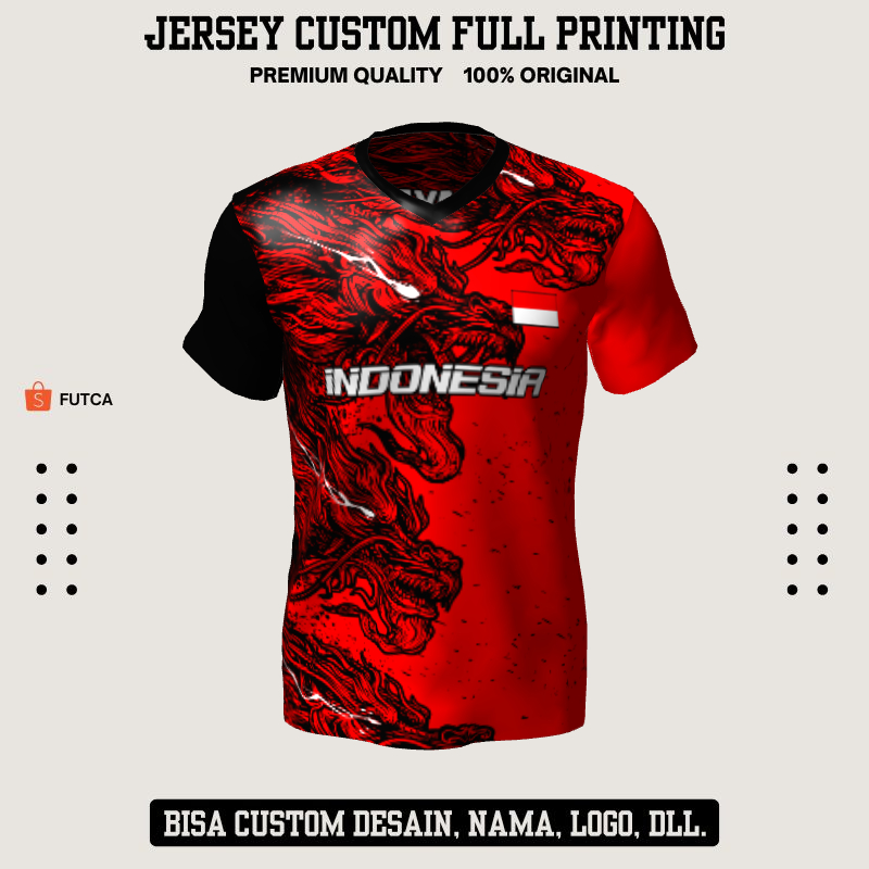 Kaos Jersey Futsal Merah Hitam Motif Naga 285 - Jersey Olahraga Custom Full Printing