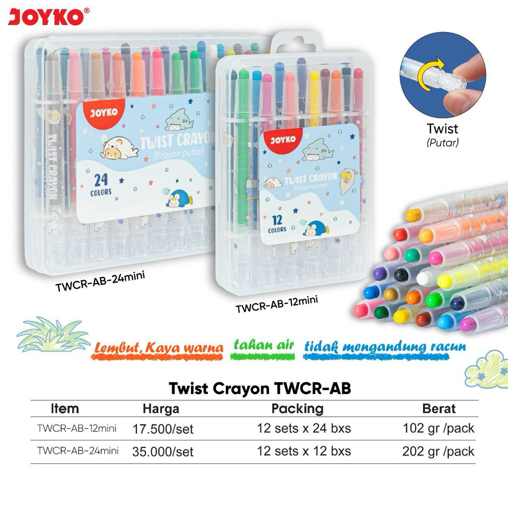 

TWCR-AB-12Mini dan 24Mini Joyko Twist Crayon 12 dan 24 Warna Mini / Crayon Putar Kecil 12w dan 24w / Krayon putar Pendek TWCR AB 12 warna