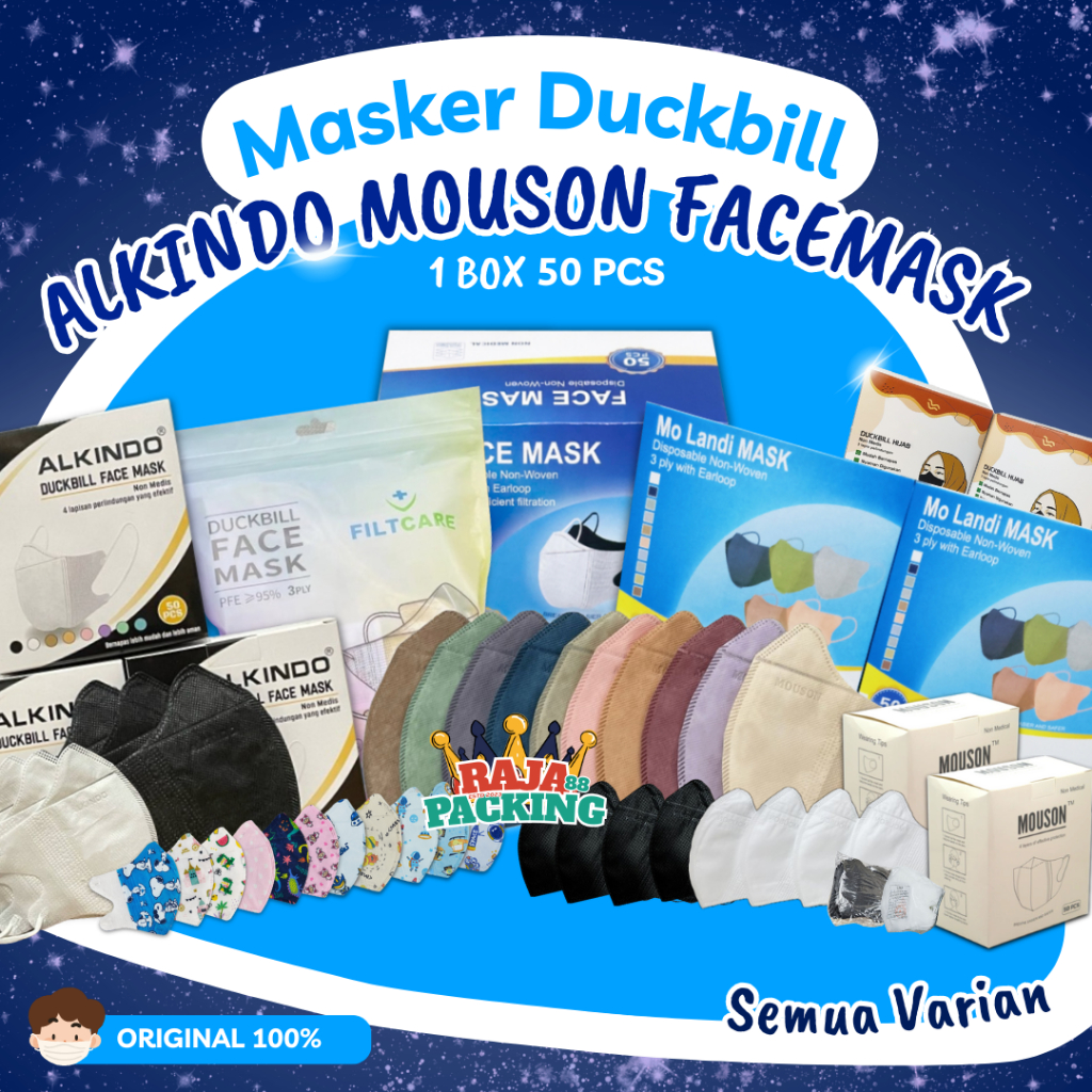 Masker Duckbill 50 PCS MIX WARNA WARNI 4 PLY ALKINDO MOUSON FILTCARE MOLANDI MASK 3 PLY Masker  Duck