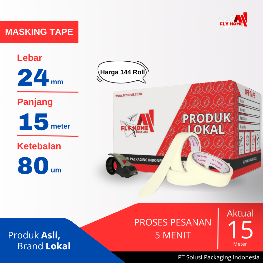 

FLYHOME Lakban kertas 1 dus 24mm x 15meter 144 roll masking tape ukuran Full CARGO
