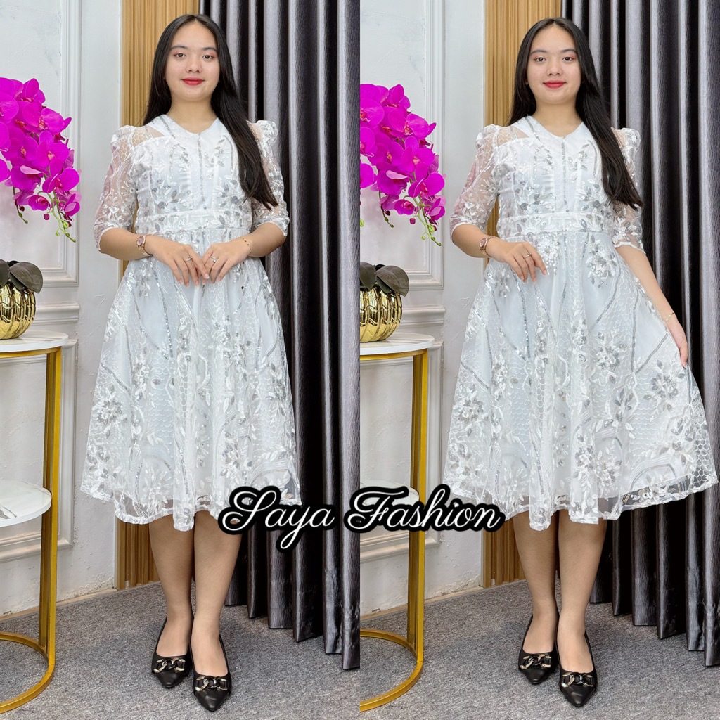 Midi Dress Tile Putih Bordir Payet Bunga V-Neck 51700 47 Dress Pesta Wanita
