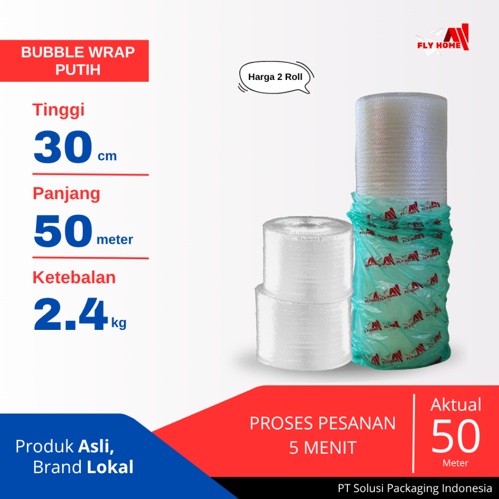 

FLYHOME Bubble wrap putih 2,4kg potongan 30cm 2 roll bubblewrap 30x50meter