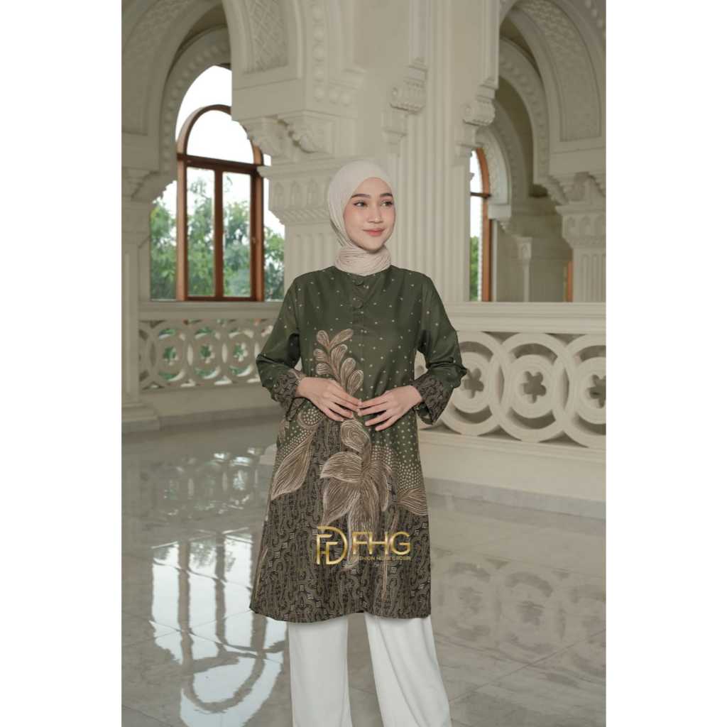 Baju Tunik Batik Wanita Terbaru Lengan Panjang Hijau – Katun Nyaman, Busui Friendly, Size M-XXXL