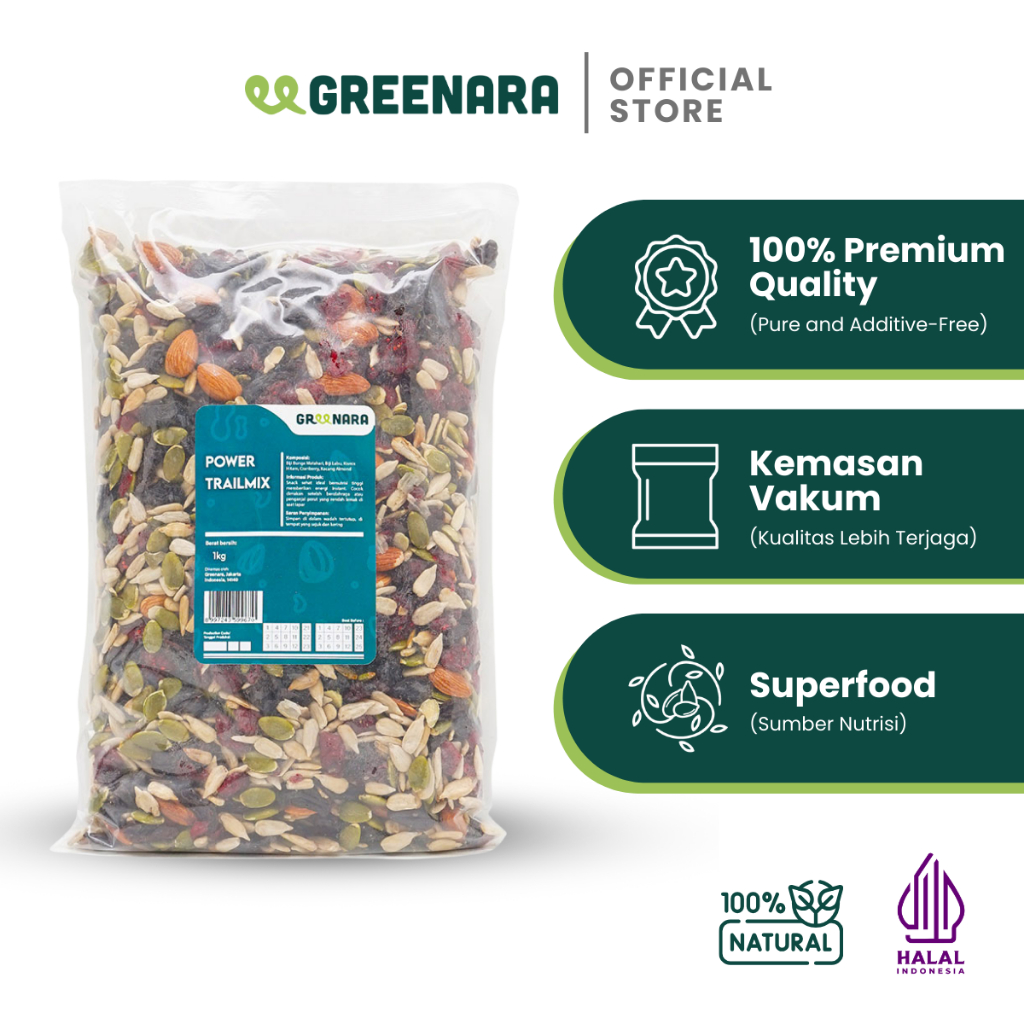 

Enak Greenara Natural Power Trail Mix 1Kg / Healthy Snack (No Sugar Added) / Snack Sehat Ori!!