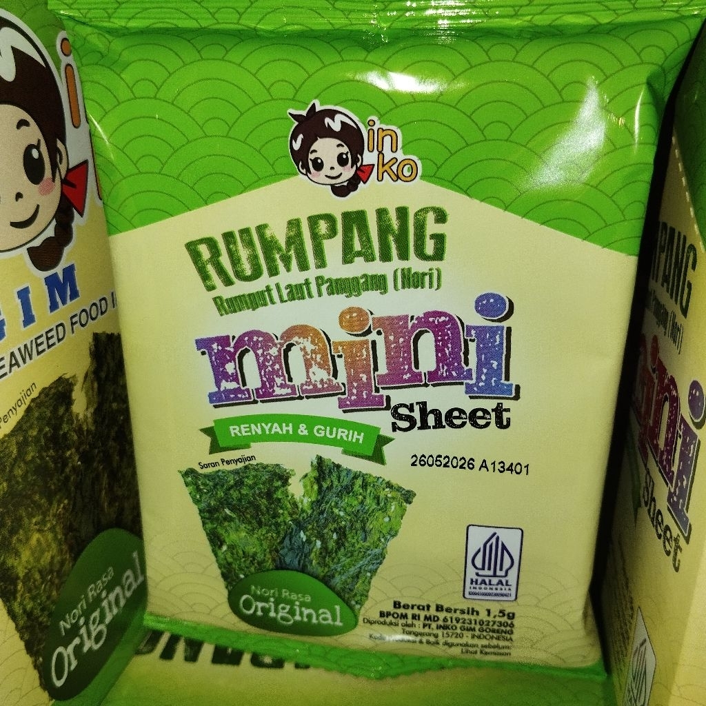 

INKO RUMPANG RUMPUT LAUT PANGGANG (NORI) MINI SHEET ORIGINAL 1 BOX ISI 12 PCS