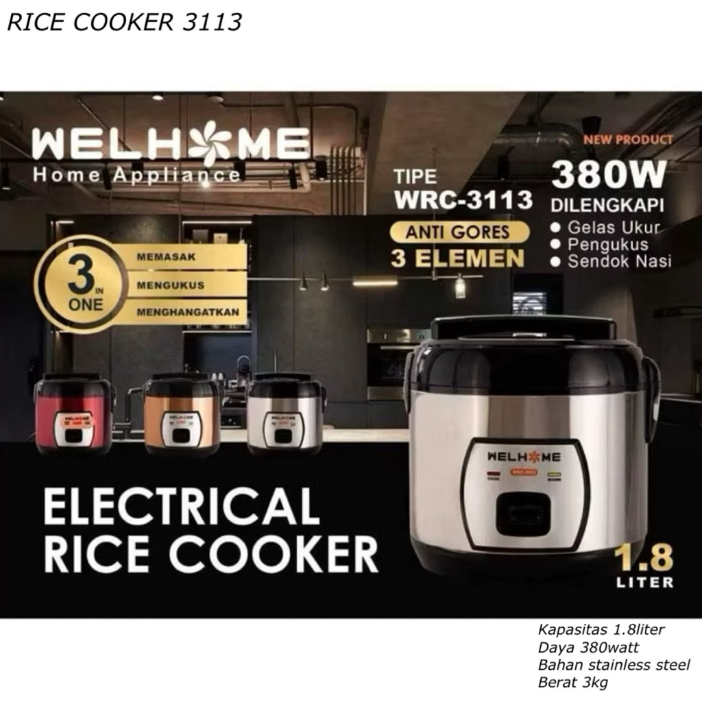 RICE COOKER 3113 || MAGIC COM 1.8LITER || RICE COOKER STAINLESS STEEL || PENANAK NASI ANTI GORES