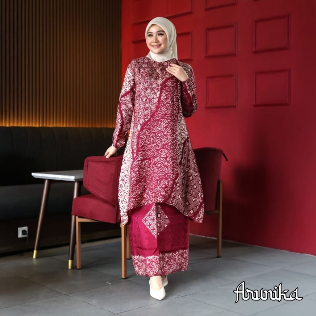 (cod)ALAZZA Set batik wanita bahan dobby sutra,stelan tunik batik wanita super mewah,gamis batik sut