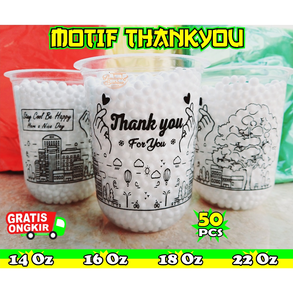 Gelas Cup Minuman Plastik Motif Thankyou () 14Oz 16Oz 18Oz 22Oz Oval Datar / Cup Teh / Cup Of Tea
