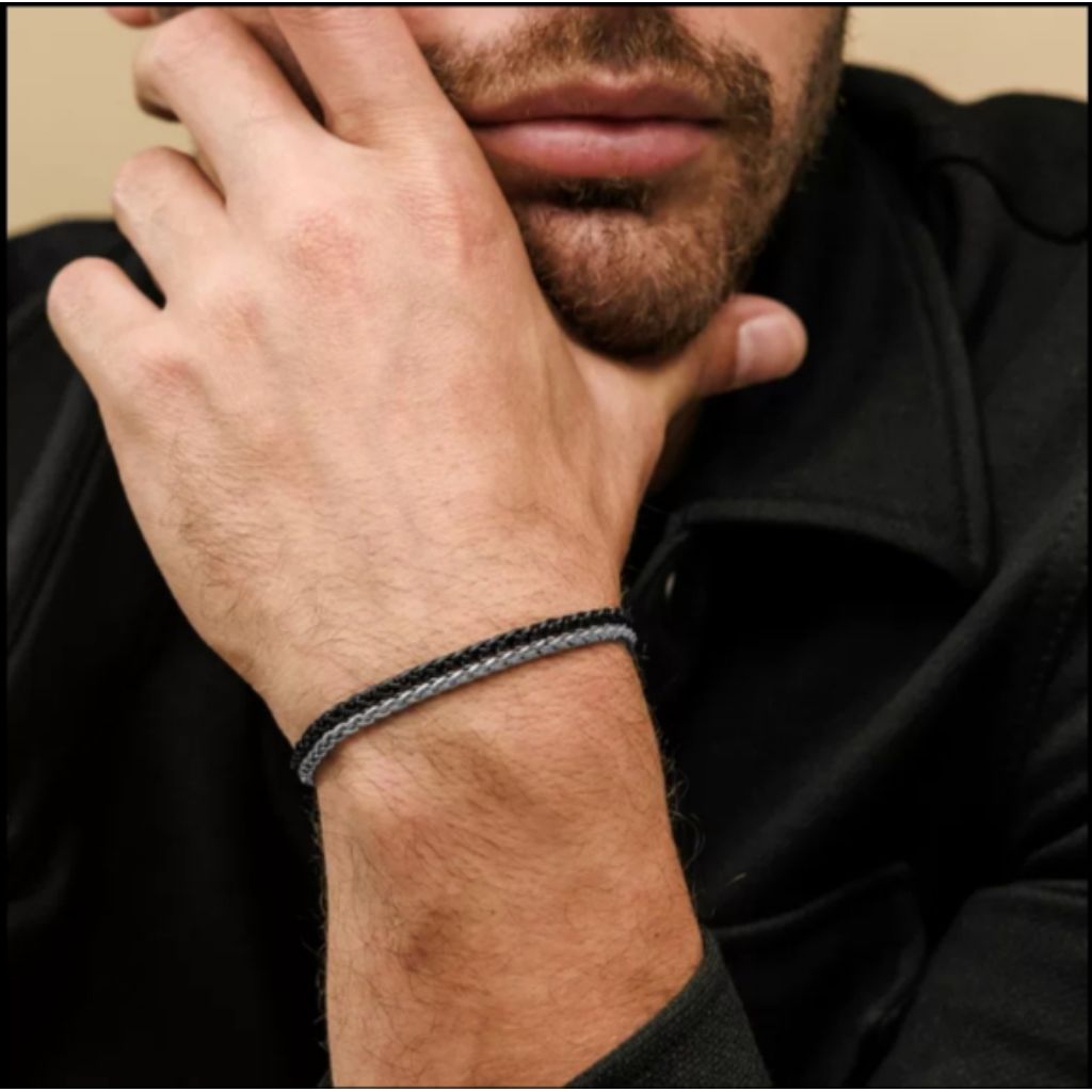 Gelang titanium pria rantai tulang Doble Layer hitam putih anti karat