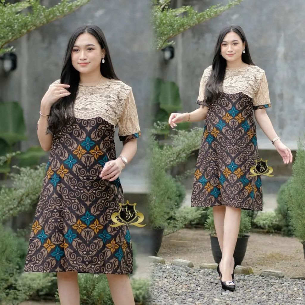 Dress Batik Brukat Batik Wanita Lengan Pendek