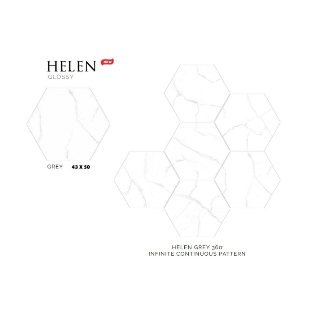 KERAMIK MERK PLATINUM TIPE HELEN GREY UKURAN 43x50 BENTUK HEXAGONAL WARNA LATAR PUTIH CORAK ABU PERM
