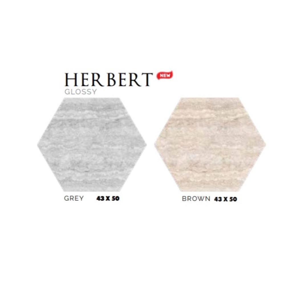 KERAMIK MERK PLATINUM TIPE HERBERT GREY BROWN UKURAN 43X50 BENTUK HEXAGONAL WARNA ABU COKLAT PERMUKA