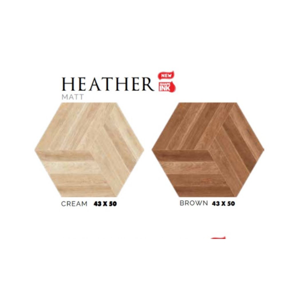 KERAMIK MERK PLATINUM TIPE HEATHER CREAM BROWN UKIRAN 43X50 WARNA CREAM DAN COKLAT BENTUK HEXAGONAL 