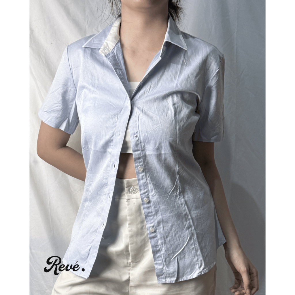 Kemeja lengan pendek baby blue pastel/blouse/ outer /long outer/Korea Chinese style/pakian kerja kan