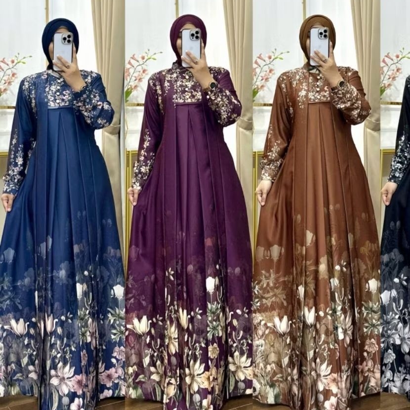 Gamis Gracia Floral Elegance – Gamis Satin Motif Bunga Full Print Eksklusif
