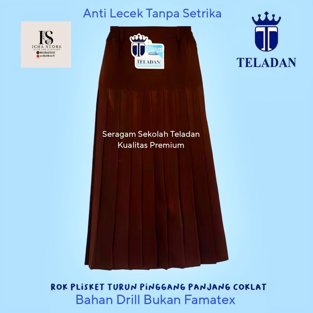 Seragam Sekolah Teladan Rok Meksi Panjang Plisket Plisir Turun Pinggang Coklat Pramuka SMP SMA