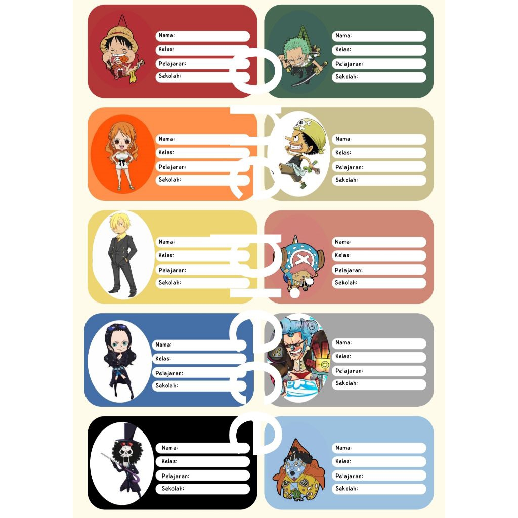 

stiker label nama buku pelajaran one piece