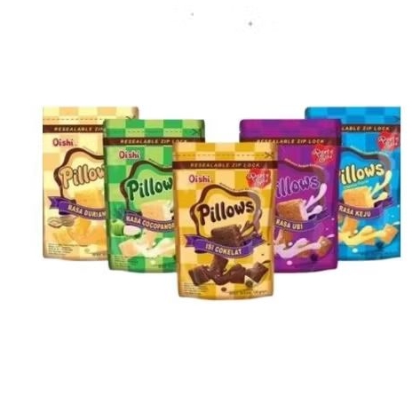 

Snack camilan pillow oishi party size 100gr Varian Durian Cocopandan Ubi KejuCoklat