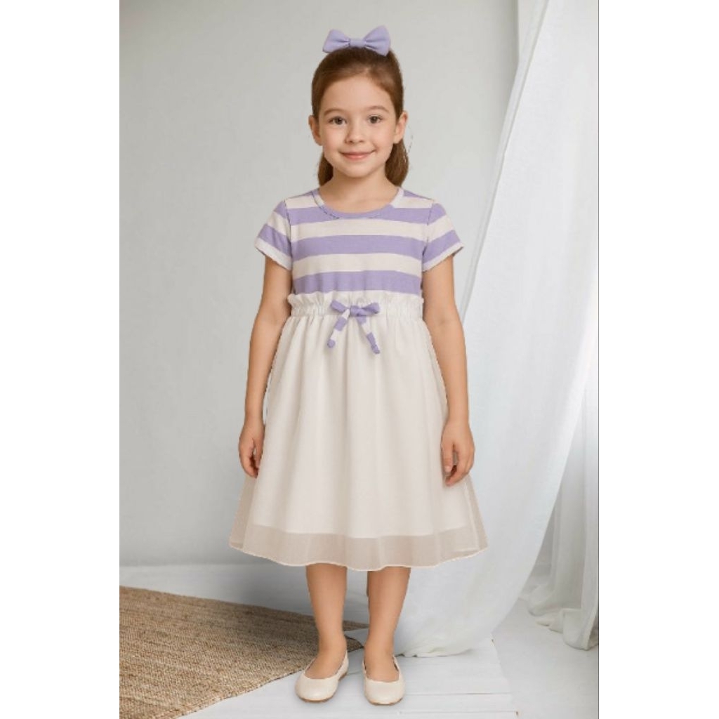 Dress Casual Anak Perempuan Salur Putih Usia 2–7 Tahun | Baju Harian Gaun Pesta Murah