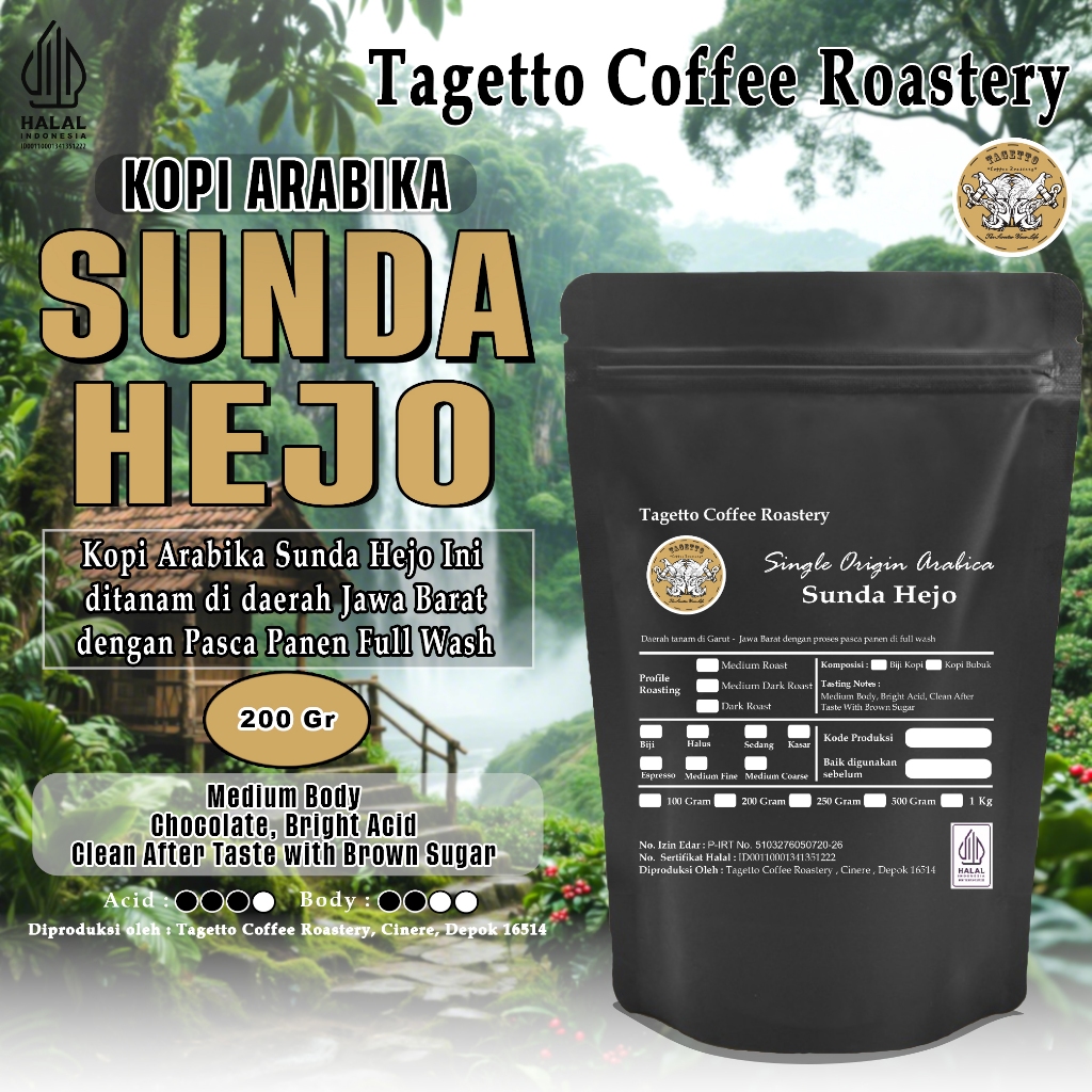 

BIJI KOPI ARABIKA SUNDA HEJO 200GR | PREANGER | ARABICA BEAN GROUND BUBUK 200 GRAM TAGETTO COFFEE